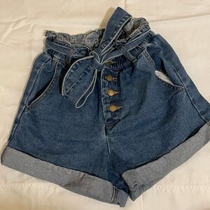 Forever 21 High-Rise Paperbag Denim Shorts with Belt - Blue